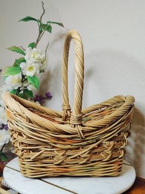 Woven Natural Rattan Handled Basket Tote - Natural